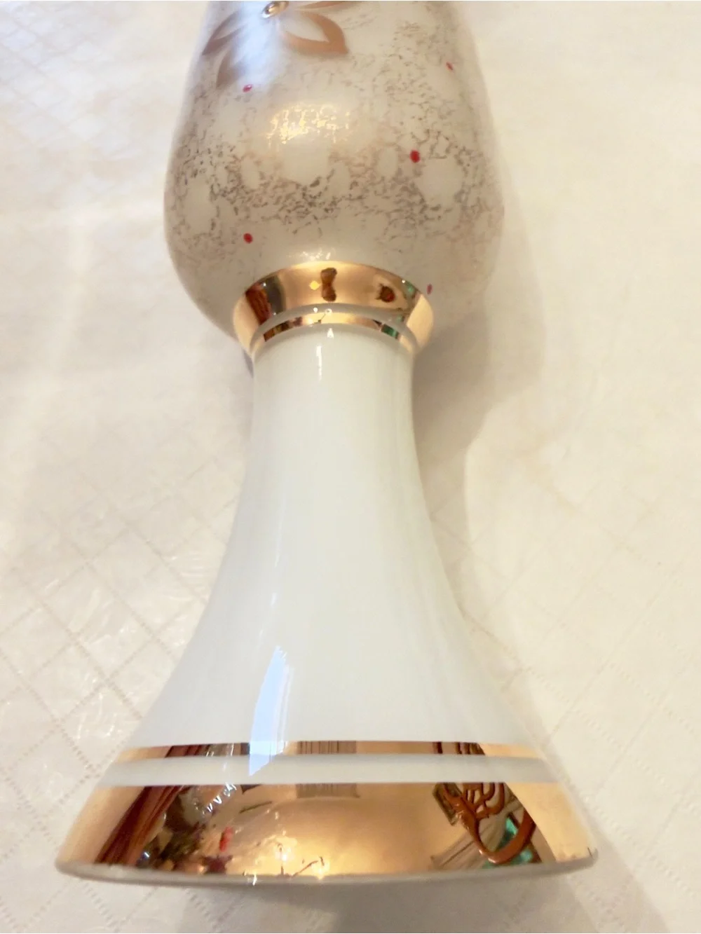 White opaline/milk glass gilded (gold) flower speckled gold stippling red dots